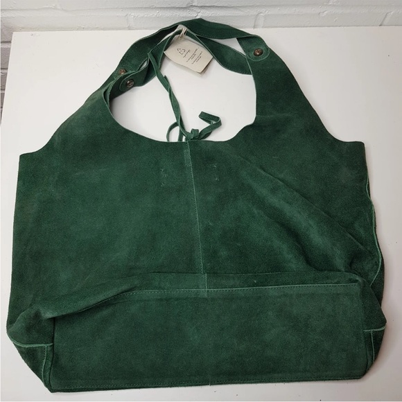 Free People Paris Suede Tote Bag Green Shoulder Leather Slouchy Tie Top BNWT - Picture 11 of 14